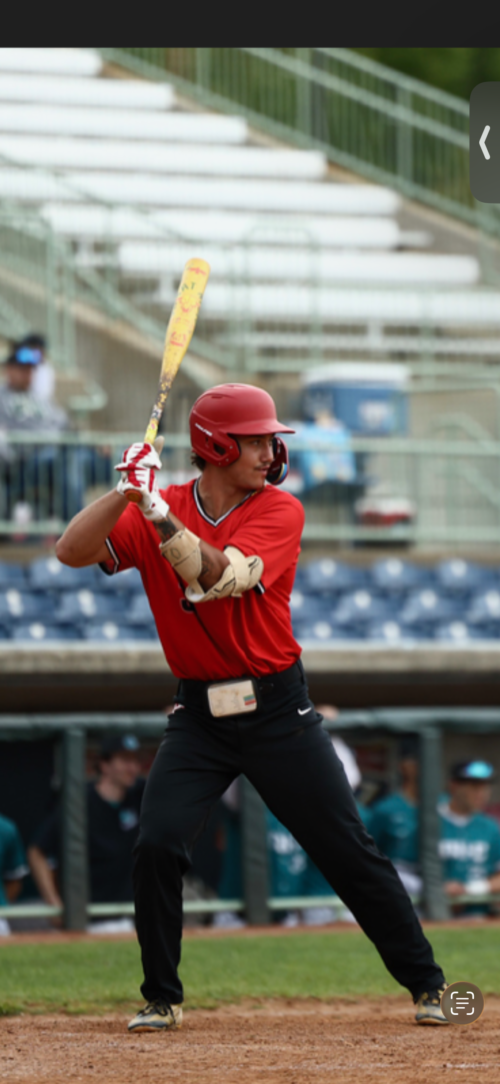 Braxton Prosser, baseball instructor, batting stance in a red jersey
