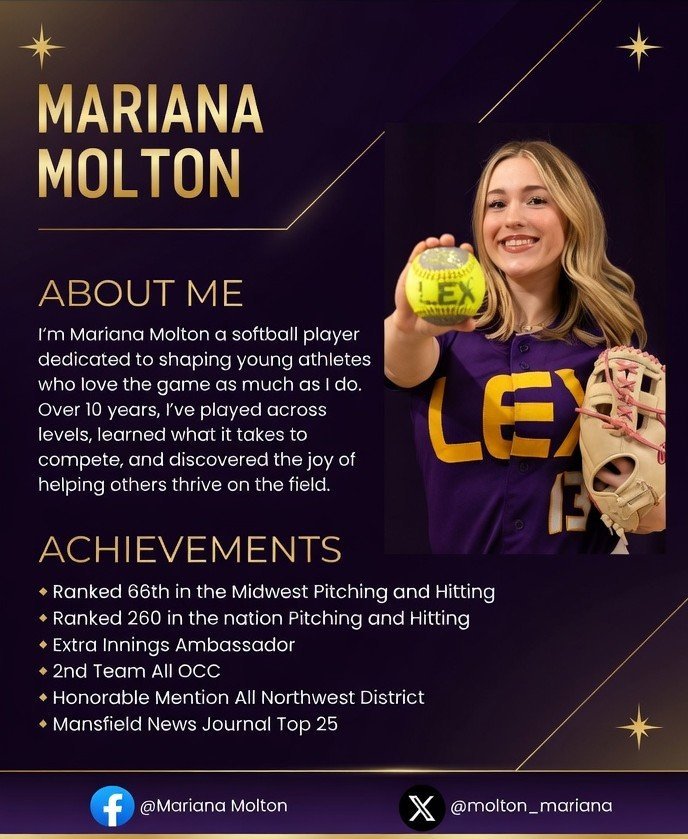 Mariana Molton, softball instructor, purple and gold LEX graphic